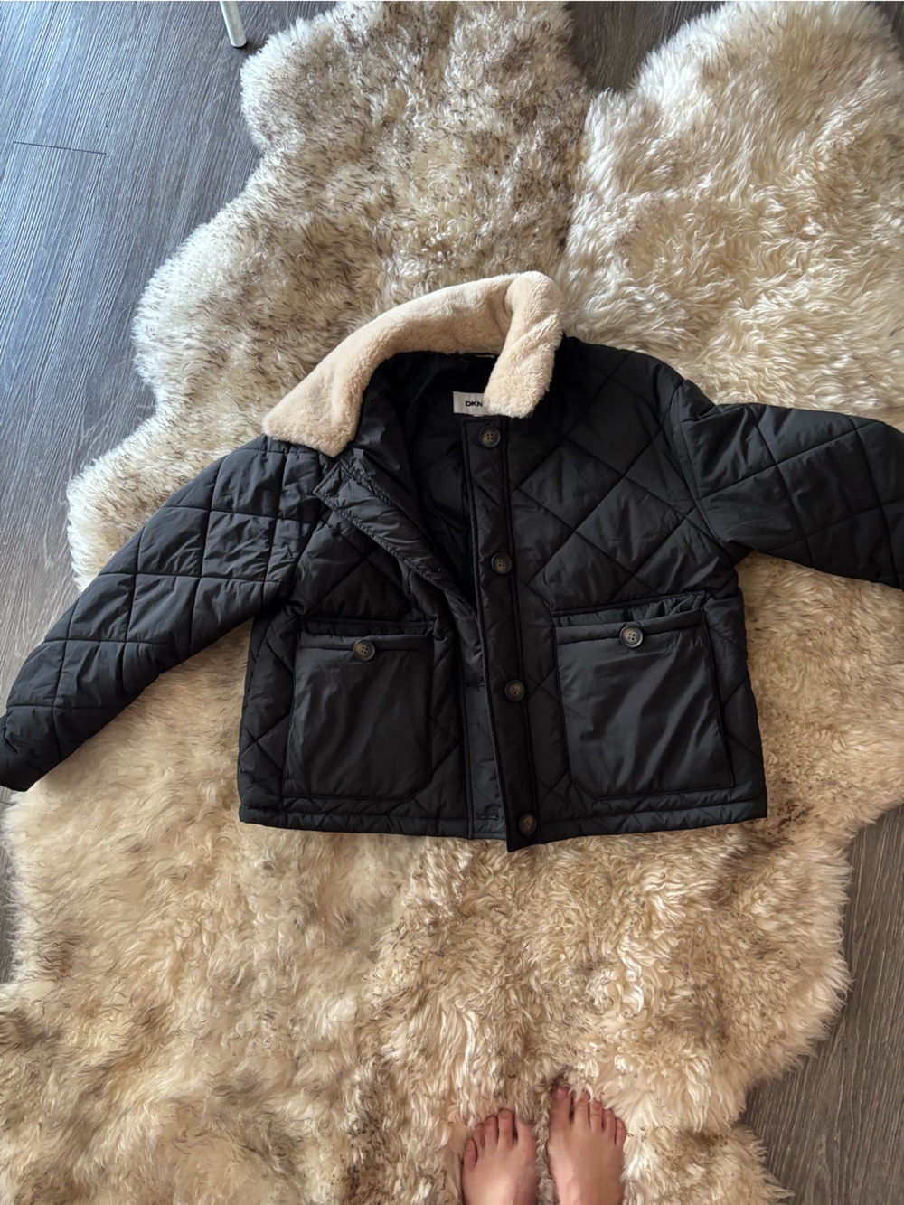 DKNY Black Quilted Puffer Jacket with Cream Sherpa Trim
